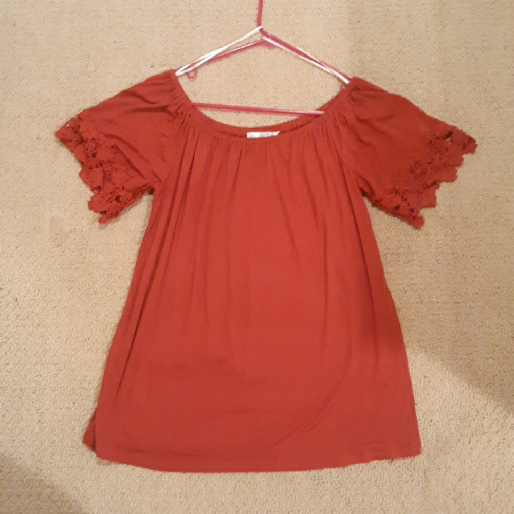 Off the shoulder burnt orange top with lace detail